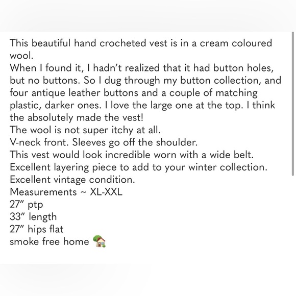 Handmade Oversized Crocheted Wool Cream Vest with Vintage Buttons XL-XXL - Picture 10 of 10